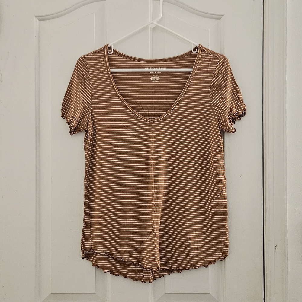 American Eagle Outfitters Brown and White Striped V-Neck Tee